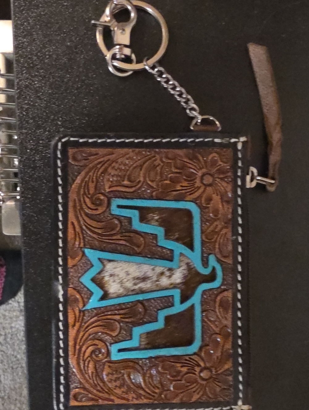 Leather Tooled Brown Card Wallet Keychain with Turquoise Thunderbird Accent